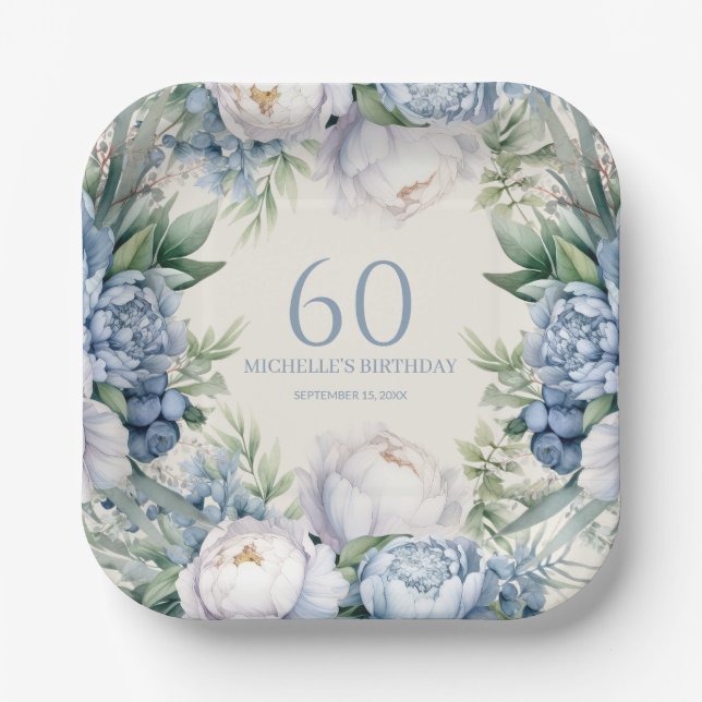 Elegant Dusty Blue White Floral 60th Birthday Paper Plates (Front)