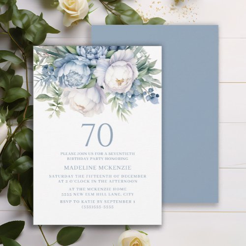 Elegant Dusty Blue White Floral 70th Birthday Invitation