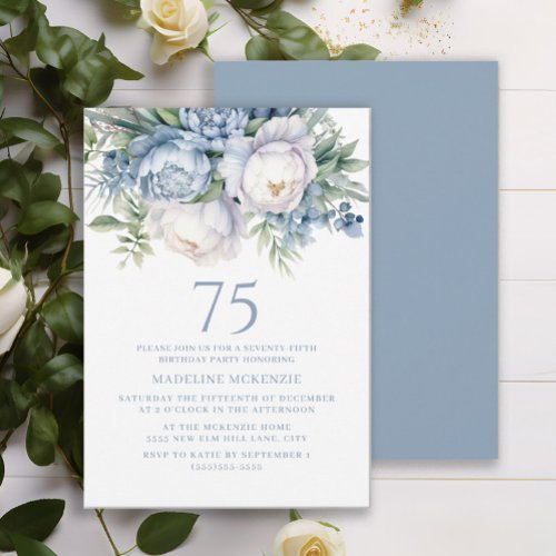 Elegant Dusty Blue White Floral 75th Birthday Invitation
