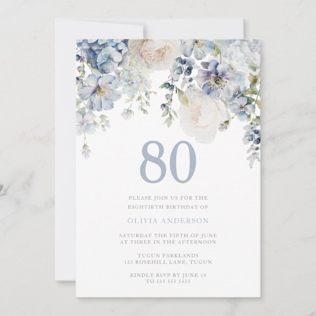 Elegant Dusty Blue & White Floral 80th Birthday Invitation (Front)