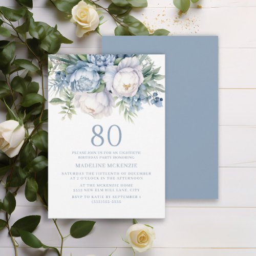 Elegant Dusty Blue White Floral 80th Birthday Invitation