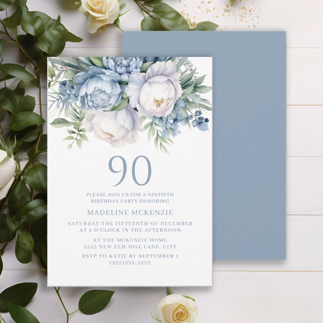 Elegant Dusty Blue White Floral 90th Birthday Invitation (Dusty blue and white watercolor floral women's 90th birthday party invitation. Printed or digital)