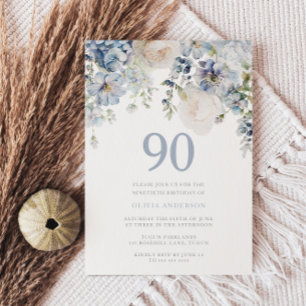 Elegant Dusty Blue & White Floral 90th Birthday Invitation