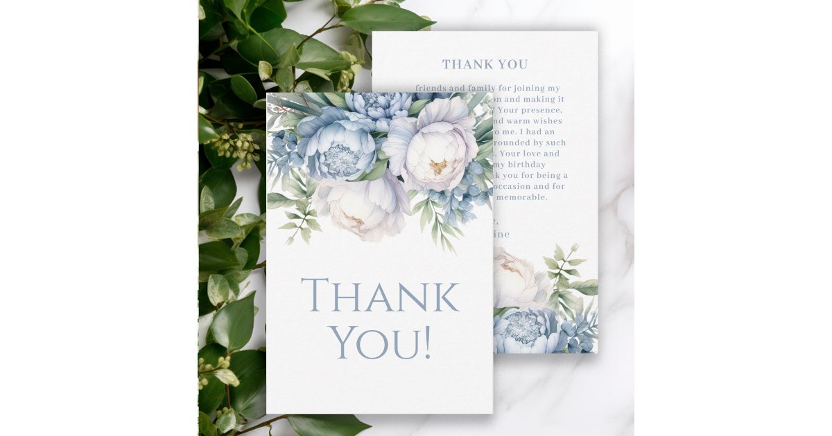 Elegant Dusty Blue White Floral Birthday Thank You Card | Zazzle