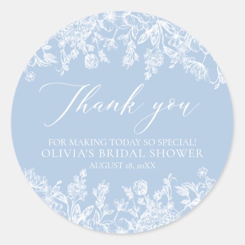 Elegant Dusty Blue White Floral Bridal Shower Classic Round Sticker