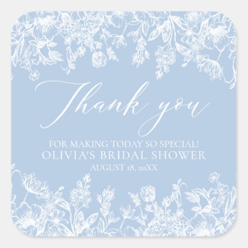 Elegant Dusty Blue White Floral Bridal Shower Square Sticker