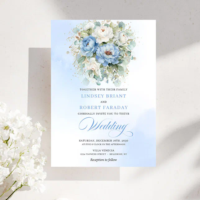 Elegant Dusty Blue White Floral Gold Wedding Invitation | Zazzle