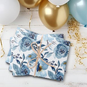 Elegant Dusty Blue White Floral Rose Set of 3 Wrapping Paper Sheets