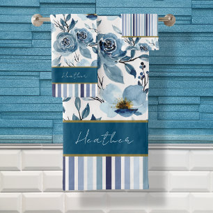 Elegant Dusty Blue White Floral Stripe Monogram Bath Towel Set