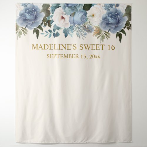 Elegant Dusty Blue White Floral Sweet 16 Photo  Tapestry