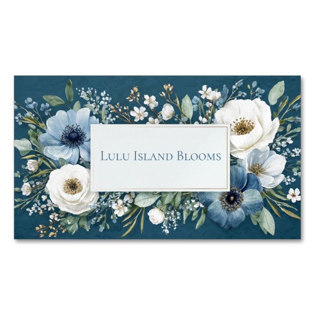 Elegant Dusty Blue White Floral Teal Gold Frame Business Card Magnet (Front)