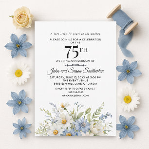 Elegant Dusty Blue White Flowers 75th Anniversary Invitation