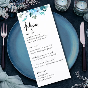 Elegant dusty blue white flowers wedding menu