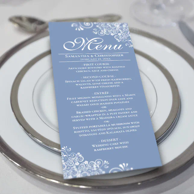Elegant Dusty Blue & White Frilly Corners Wedding Menu | Zazzle