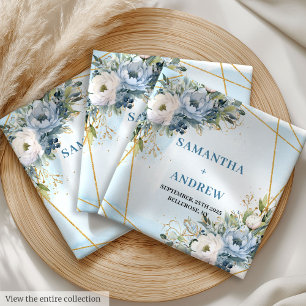 Elegant Dusty Blue White Gold Floral Cloth Napkins