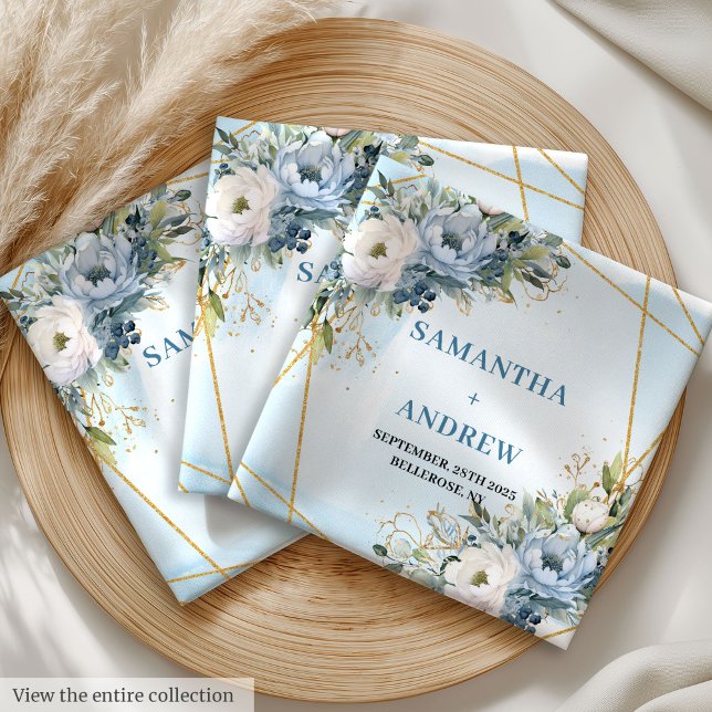 Elegant Dusty Blue White Gold Floral Cloth Napkins (Elegant Dusty Blue White Gold Floral Cloth Napkins)