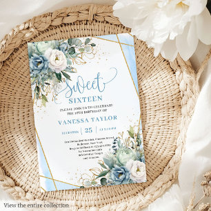 Elegant Dusty Blue White Gold Floral Sweet 16 Invitation