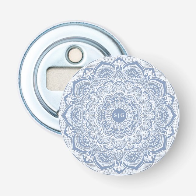 Elegant dusty blue white lace mandala classic bottle opener (Front)