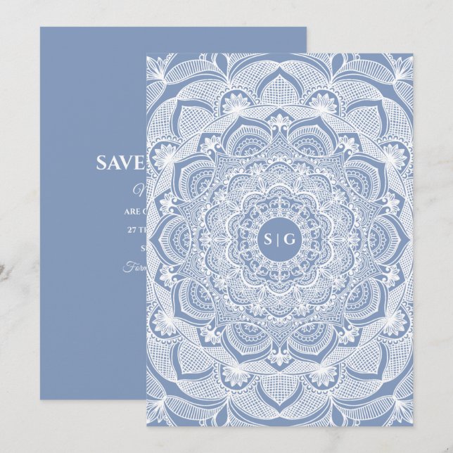 Elegant dusty blue white lace mandala classic save the date (Front/Back)