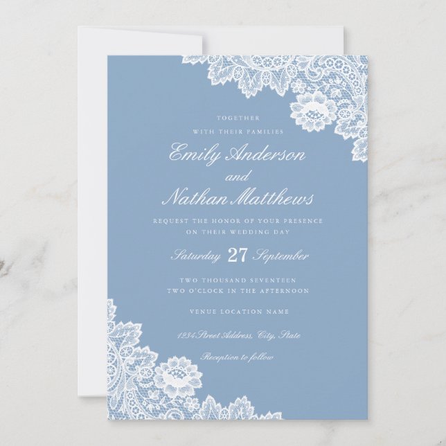Elegant Dusty Blue White Lace Wedding Invitation (Front)
