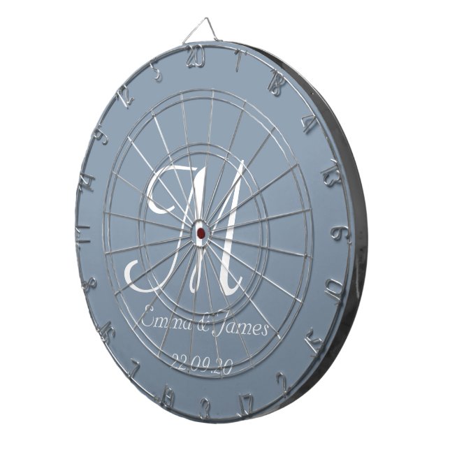 Elegant Dusty Blue White Monogram Initial Name  Dart Board (Front Right)