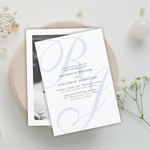 Elegant Dusty Blue White Monogram Wedding Invitation