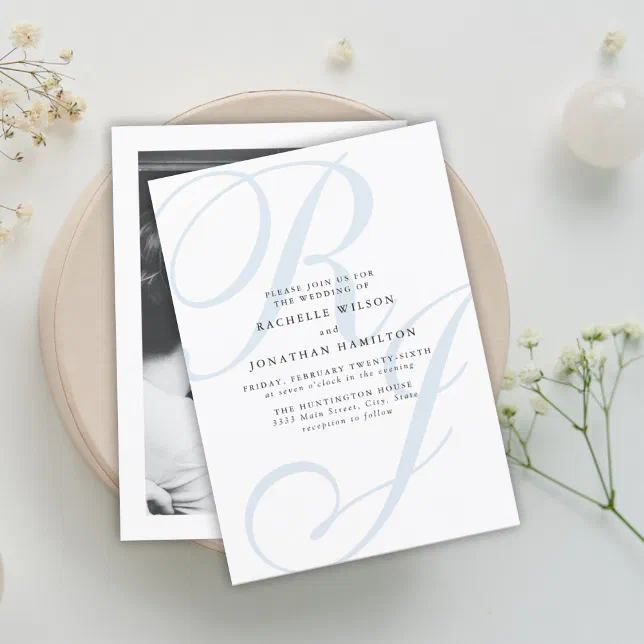 Elegant Dusty Blue White Monogram Wedding Invitation | Zazzle
