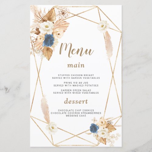 Elegant Dusty Blue White Peach Roses Wedding Menu