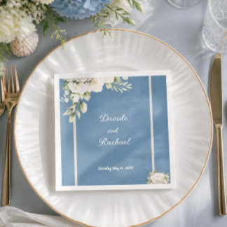 Elegant Dusty Blue White Roses Wedding Napkins