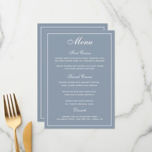 Elegant Dusty Blue White Script Wedding Menu