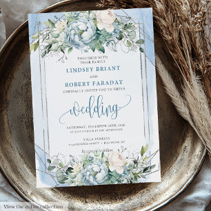 Elegant Dusty Blue White Silver Peonies Wedding Invitation
