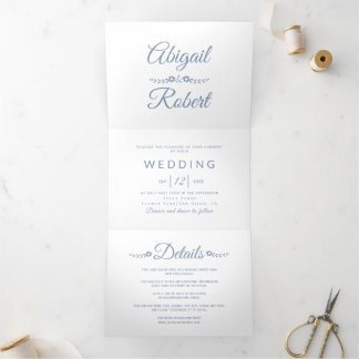 Elegant dusty blue, white typography photo wedding Tri-Fold invitation