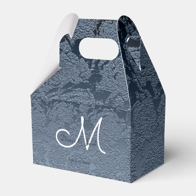 Elegant Dusty Blue White Wedding Monogram Favor Boxes (Front Side)