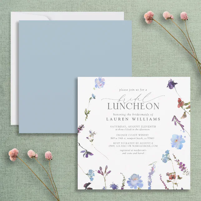 Elegant Dusty Blue Wildflower Bridal Luncheon Invitation | Zazzle