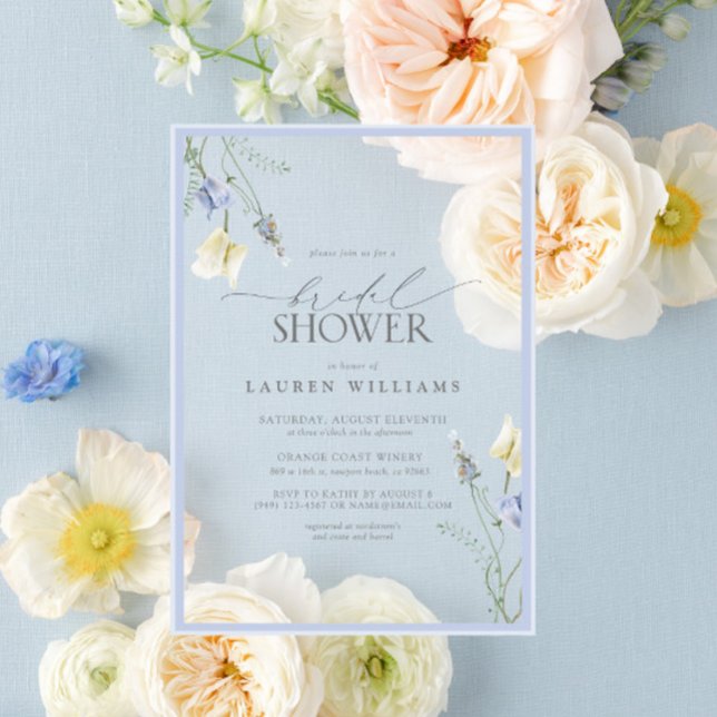 Elegant Dusty Blue Wildflower Bridal Shower Acrylic Invitations (Creator Uploaded)