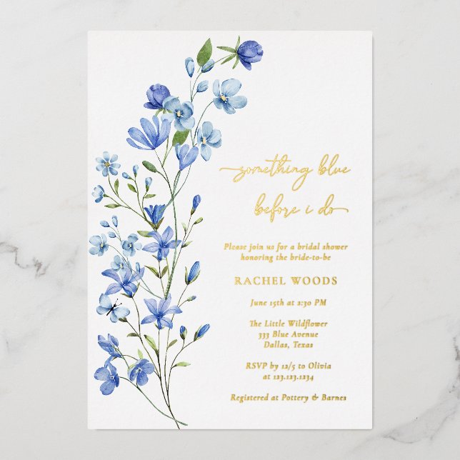 Elegant Dusty Blue Wildflower Bridal Shower Foil Invitation (Front)