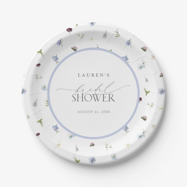 Elegant Dusty Blue Wildflower Bridal Shower Paper Plates (Front)