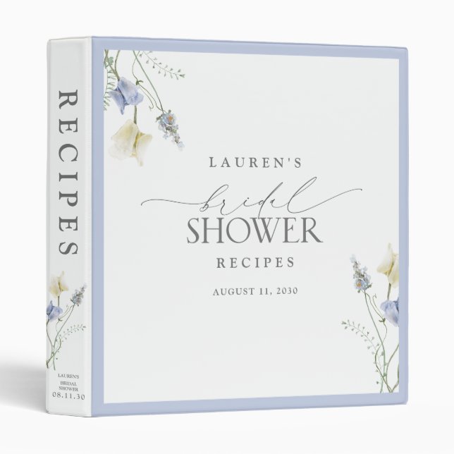 Elegant Dusty Blue Wildflower Bridal Shower Recipe 3 Ring Binder (Front/Spine)
