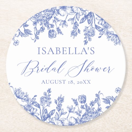 Elegant Dusty Blue Wildflower Bridal Shower Round Paper Coaster