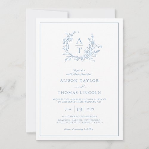 Elegant Dusty Blue Wildflower Crest Wedding  Invitation