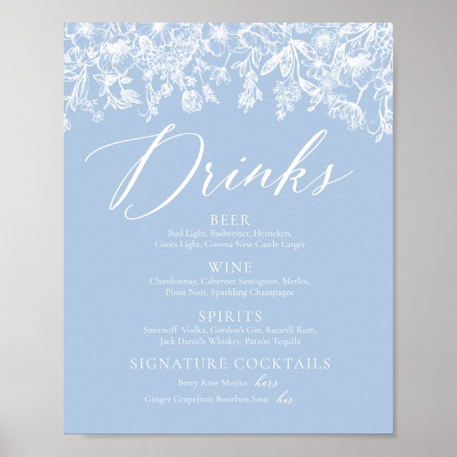 Elegant Dusty Blue Wildflower Drinks Menu Sign (Front)