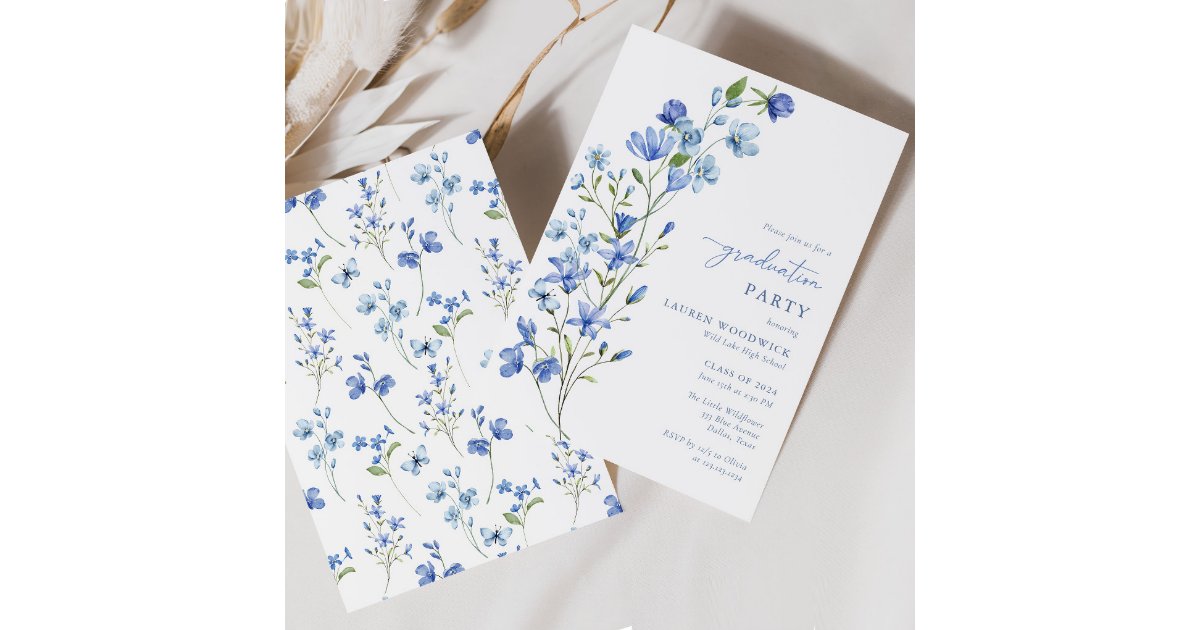 Elegant Dusty Blue Wildflower Graduation Invitation