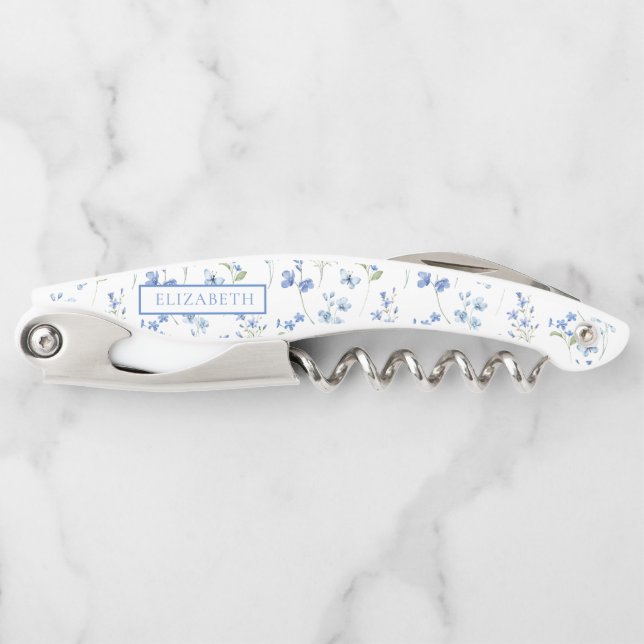Elegant Dusty Blue Wildflower Name Waiter's Corkscrew (Front)