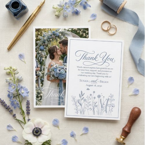 Elegant Dusty Blue Wildflower Photo Wedding Thank  You Card