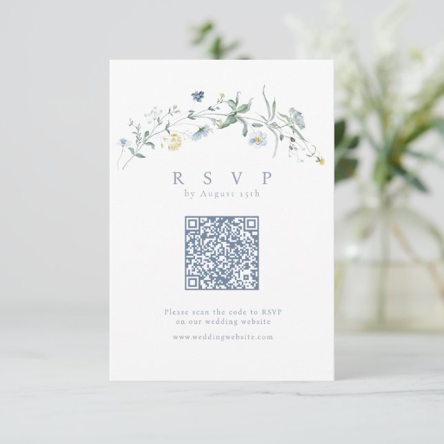 Elegant Dusty Blue Wildflower Rustic Boho QR code  RSVP Card (Standing Front)