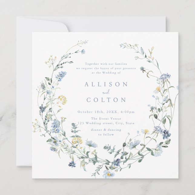 Elegant Dusty Blue Wildflower Rustic Boho Wedding Invitation (Front)