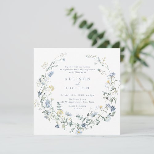 Elegant Dusty Blue Wildflower Rustic Boho Wedding Invitation