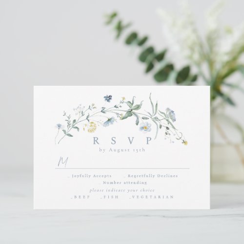 Elegant Dusty Blue Wildflower Rustic Boho Wedding RSVP Card