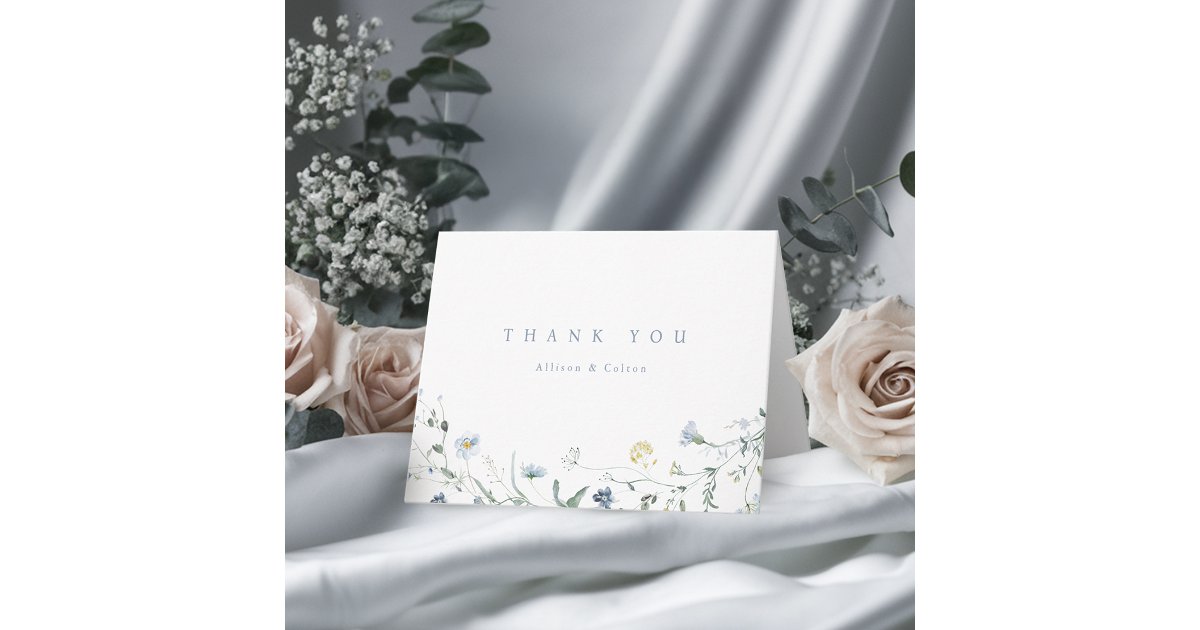 Elegant Dusty Blue Wildflower Rustic Boho Wedding Thank You Card | Zazzle