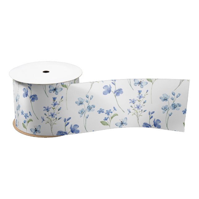 Elegant Dusty Blue Wildflower Satin Ribbon (Spool)